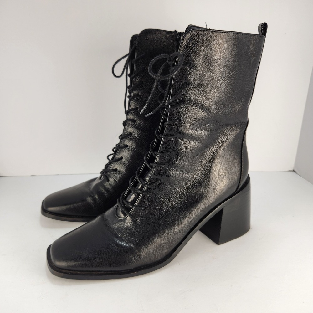 Sam Edelman Women's Size 10 Black Leather Lace Up Ankle Boots Block Heel Square